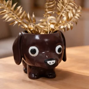 Florero Perrito con planta artificial dorada